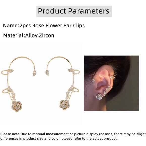 Women's Clip-On Earrings Rose Flower Zircon Non Pierced Zinc Jewelry - Picture 8 of 9